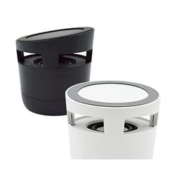 A Bluetooth speaker with a wireless charger, available in black and white, featuring a sleek, modern design.