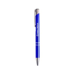 A blue aluminium click pen with a silver clip and branding on the barrel.