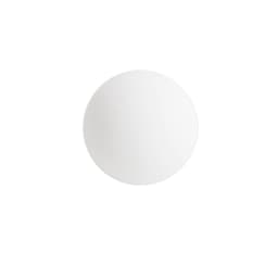 A white lacrosse ball with a smooth surface, featuring a logo on one side.