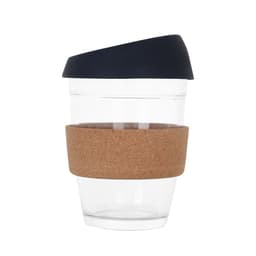 A reusable glass coffee cup with a clear body, black lid, and a cork band.