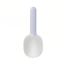 A pet food scoop with a white bowl and a light blue handle, featuring a simple, ergonomic design.