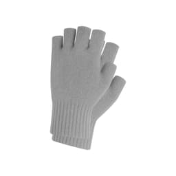Grey knitted fingerless gloves featuring a ribbed design and a woven label. Suitable for various styling options.