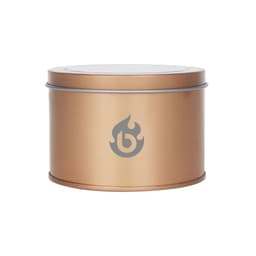 A gold tin can with a transparent window and a logo on the front, featuring a smooth, curved design.