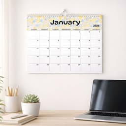 A horizontal wall calendar featuring a floral design for January 2026, set on a white background with a plant and laptop beside it.