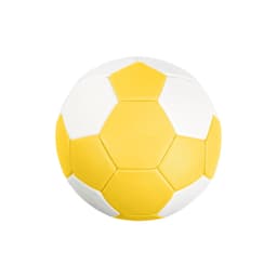 A yellow and white handball with a machine-stitched design and an embedded logo.