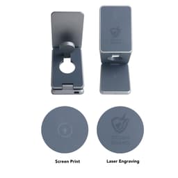 A grey foldable wireless charger stand with a circular opening and features for screen print and laser engraving.