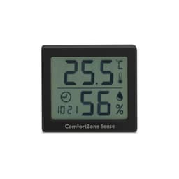 A digital thermometer and hygrometer displaying temperature and humidity. The device has a black casing with a screen.