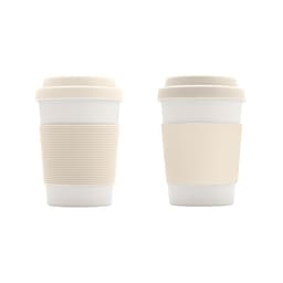 A drink bottle with a white body and beige silicone lid and sleeve, featuring a branding logo.