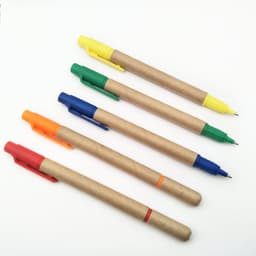 Five highlighters are displayed, featuring various colours: yellow, green, blue, orange, and red, all in paper tubes.