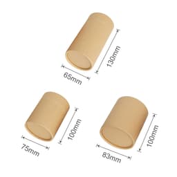A set of small cylindrical paper boxes in natural brown colour, with varying sizes and dimensions shown.
