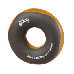 A donut-shaped stress reliever in brown and beige, featuring a logo and a playful design.
