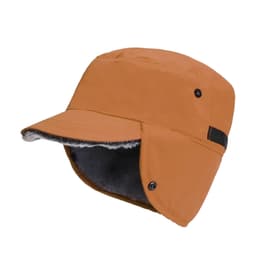 A thickened earflap hat in orange with a grey fur lining and buttons on the sides. It features a wide brim.