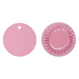 A drink bottle cover set featuring a round, pink cover with an elasticised edge and a matching flat pink disc.