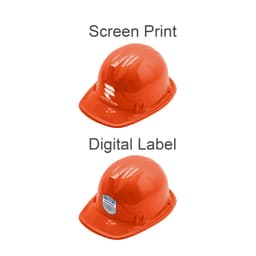 An orange PVC construction hat with a logo, displayed from two angles, one featuring a screen print and the other a digital label.