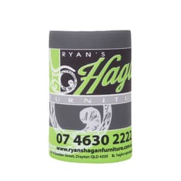 A grey stubby holder featuring a logo and green text, designed to keep drinks cool.