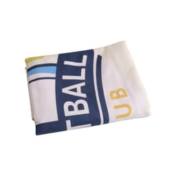 A folded sports towel in white with blue and yellow accents, featuring a logo.