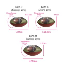 Promotional American footballs in three sizes: children's, junior, and standard, featuring a textured surface and a logo.