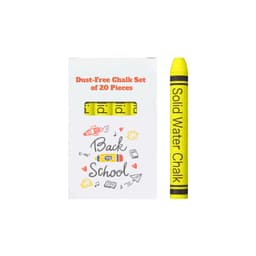 A box containing 20 pieces of yellow dust-free chalk with a window showing the sticks. The packaging features playful designs.