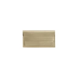 A gold PU leather glasses pouch with a sleek design and a secure band closure. It has a simple logo.
