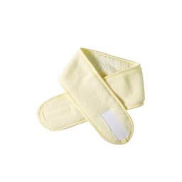 A yellow promotional headband made of soft fabric, featuring a logo and a Velcro closure.