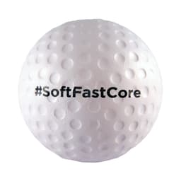 A white golf ball-shaped stress reliever with textured dimples and a logo printed on it.