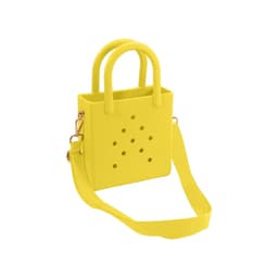 A yellow mini beach bag with holes, featuring dual handles and a detachable strap. It has a simple, modern design.