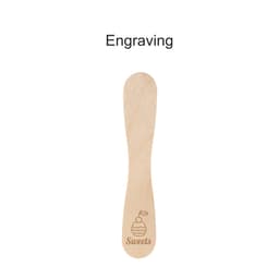 A wooden ice cream spoon stick in a light, natural colour with engraved design. Features a logo.