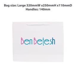 A large white paper bag with fabric flat handles and a logo printed on the front.