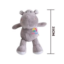 A grey hippopotamus plush toy, measuring 25 cm, with a colourful logo on its chest.