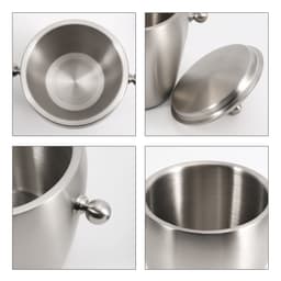 A stainless steel ice bucket with a smooth finish and a round lid, featuring a decorative knob on the side.