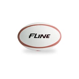 A rugby ball in white with red trim and a logo design. Suitable for training and outdoor activities.