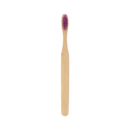 A large flat handle toothbrush with a bamboo body and a purple bristle head, featuring a logo on the handle.