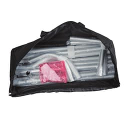 A black bag containing various silver tubes and a pink pouch, designed for a curved tension fabric display wall.