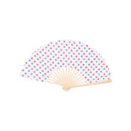 A foldable fan with a pattern of red and blue stars on a white background, featuring a natural wooden handle.