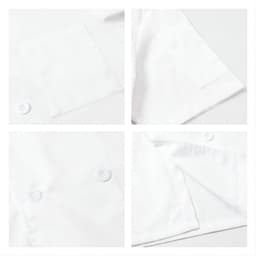 A white double-breasted chef jacket featuring short sleeves, buttons, and a pocket. The fabric appears smooth and crisp.