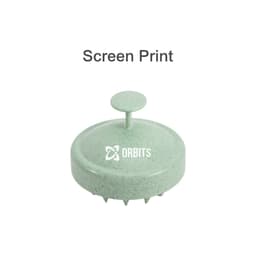 A green hair scalp massager with a round design and a centre handle, featuring a logo on the front.
