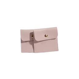 A square pale pink PU leather jewelry pouch with a button closure and stitched detailing. Features a logo.
