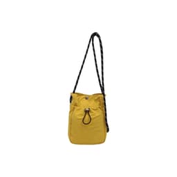 A lightweight yellow shoulder bag with a black and white strap and a drawstring closure.
