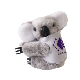 A grey koala plush toy with white ears and a branding logo, shaped to grip onto objects.