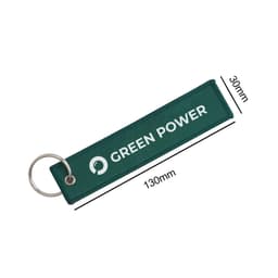 A green woven key tag featuring a ring for attachment and a logo, measuring 130mm by 30mm.