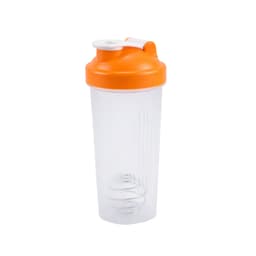 A drink bottle featuring a transparent body with an orange lid, designed for mixing protein shakes.