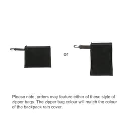 A black zipper bag displayed in two styles, with a clip-on option. Both bags match the colour of the backpack rain cover.