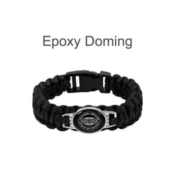 A braided black paracord bracelet featuring a themed pendant and a clasp closure, with a logo on the pendant.