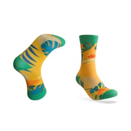 Bright yellow socks featuring tropical floral designs and green accents. Includes a logo on the side.