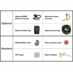 A table displaying features of the 3x3m Inflatable Marquee, including optional and standard accessories in black and white.
