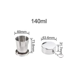 A stainless steel folding cup in a silver finish, featuring dimensions for a 140ml capacity and a compact design.