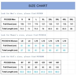 A size chart for T-shirts, detailing measurements for men's, women's, and kids' sizes in centimetres.
