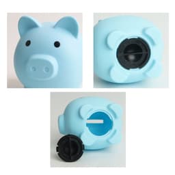 A blue PVC piggy coin bank with a rounded body, a snout, ears, and a removable cap at the bottom.