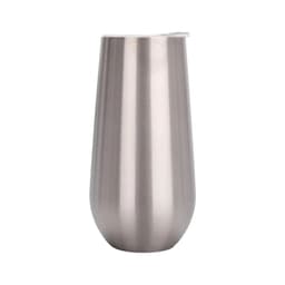 A drink bottle in a sleek silver stainless steel design, featuring a lid and a curved shape.