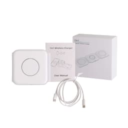 A white 3-in-1 foldable MagSafe wireless charger, accompanied by a user manual and a cable, all in a box.